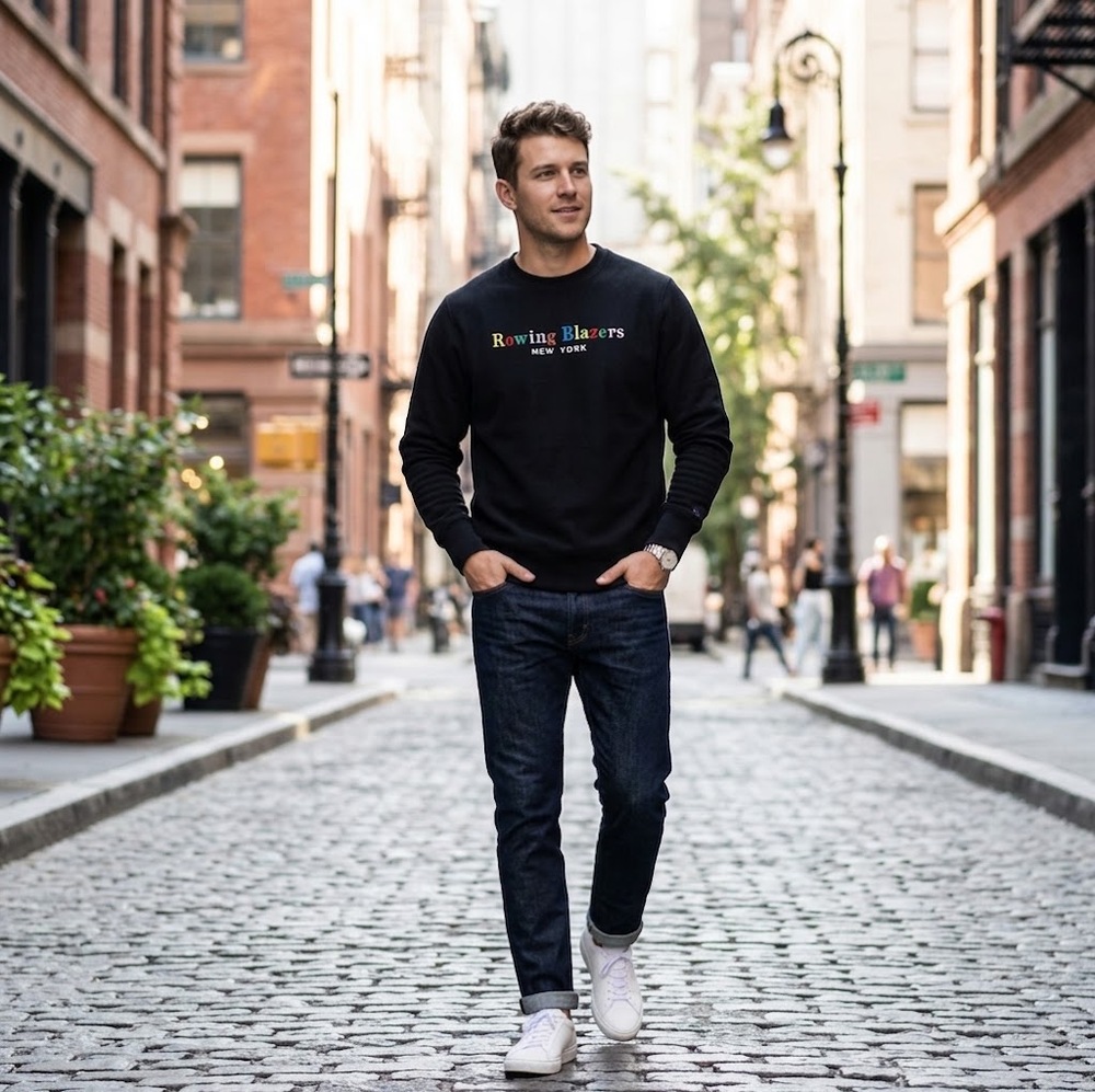 Rowing Blazers New York Men's Terry Spell Out Pullover Sweatshirt Black Size XL